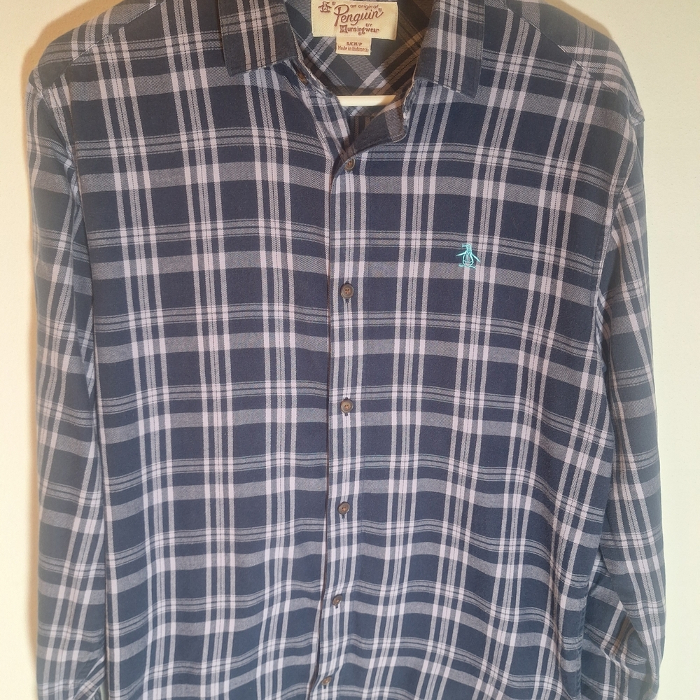 Original Penguin Men's Plaid Flannel Button-Up Shirt Blue Long Sleeve S